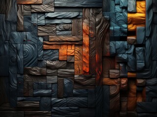 Aufkleber - A wall constructed entirely out of wooden blocks, showcasing a blend of stability and creativity in a symphonic harmony