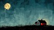 Night at the Countryside. Spooky Halloween Haunted House Landscape Background with Moon Night Dark Blue Sky and Clouds illustration art for Wallpaper, Poster, Banner Design