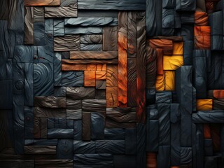 Leinwandbilder - A vibrant wall constructed of various wooden blocks in a patchwork pattern, showcasing a unique blend of shapes and colors