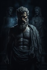  Mysterious ancient greek, roman male stoic statue, sculpture in dramatic lighting, shadows highlighting the impressive muscular build and classical beauty. 