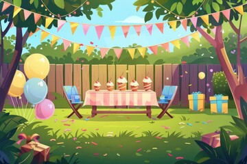 Wall Mural - An illustration of an outdoor birthday party decoration with flags, balloons, tables and chairs. A modern illustration of a garden with holiday cupcakes and gift boxes to celebrate an anniversary.