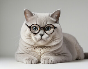 Poster - a chuckling british shorthair cat with round glasses laying down isolated on a transparent background