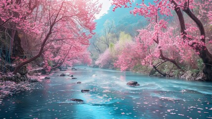 Canvas Print - Pink cherry blossoms border a tranquil river, shrouded in a soft morning mist