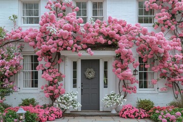 Wall Mural - A charming house adorned with vibrant pink flowers blooming on its facade, creating a picturesque and inviting scene