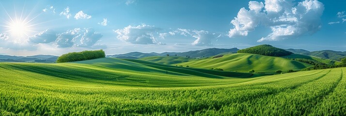 Poster - A vibrant green field stretches towards towering mountains in the distance, creating a serene and picturesque landscape