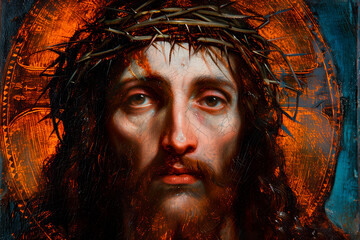 Wall Mural - A Classic style painting of depiction of Jesus expressing the profound narrative of Easter, encapsulating the themes of suffering, resurrection, faith, spirituality, and divine trust.