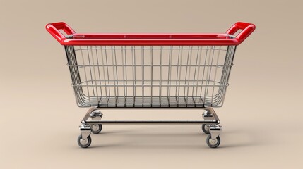 The supermarket basket is made of metal wire and is seen from the top and side. Modern realistic mockup of an empty shopping cart with red handles for buying grocery, food, and goods at the market.