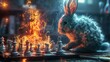 The contrast between the blazing heat of a meteorite and the cool demeanor of a chess-playing rabbit 3d isomatic bakery
