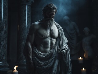  Mysterious ancient greek, roman male stoic statue, sculpture in dramatic lighting, shadows highlighting the impressive muscular build and classical beauty. 