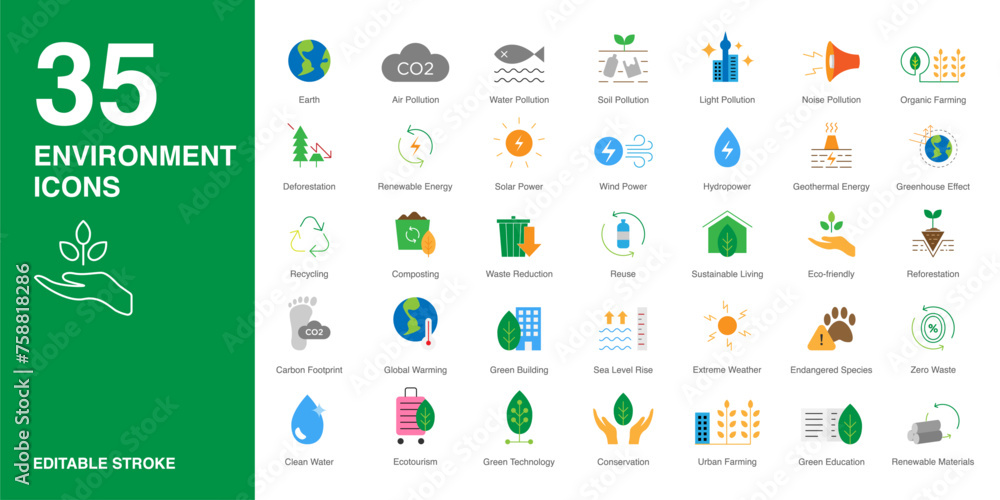 Environment icon set in color style. Environment simple colorful style ...