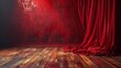 Red stage curtain with wooden floor. Theater, opera scene drape backdrop. Concert grand opening backdrop. Portiere for ceremony performance template.