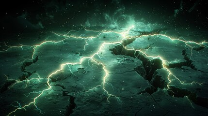 Thunderbolt strikes isolated on black background. Modern realistic set of horizontal ground cracks glowing green from electric impact.