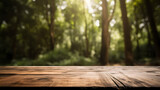 Empty wooden table in front of forest background