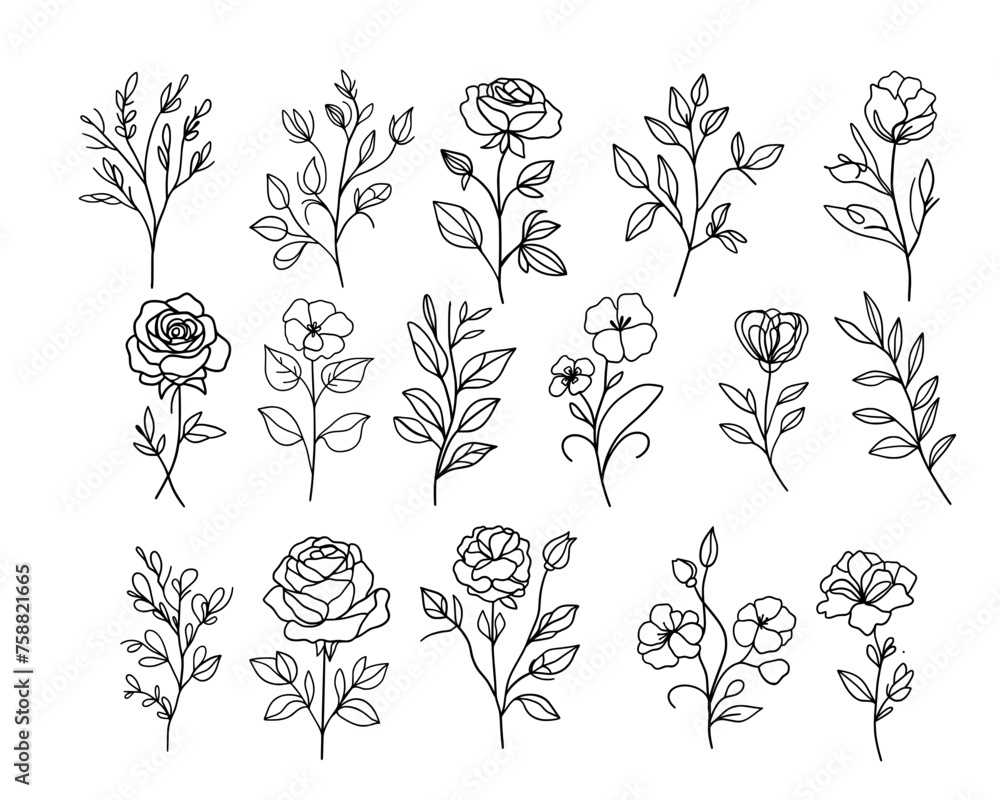 Vector set of one line art flowers. Continuous mono lines roses, leaves ...