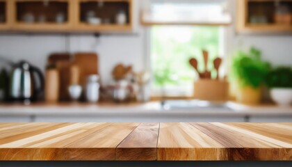 Wall Mural - wood table top on blur kitchen room background for montage product display or key visual layout key visual layout