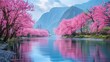 A picturesque river flows gently, surrounded by a vibrant display of pink cherry blossom trees in full bloom, creating a stunning pink canopy above