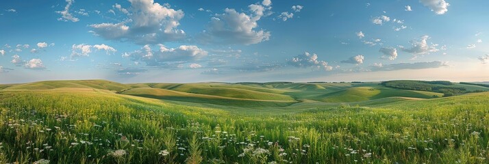 Poster - A vibrant field of grass and flowers dances under a clear blue sky, creating a picturesque scene of natural beauty