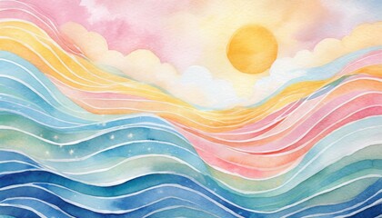 Wall Mural - abstract wavy lines in watercolor pastel colors art sea waves background with clouds and sun generate