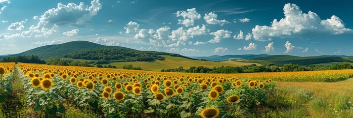 Poster - A vast field of vibrant, towering sunflowers stretches towards a majestic mountain in the distance, under a clear blue sky