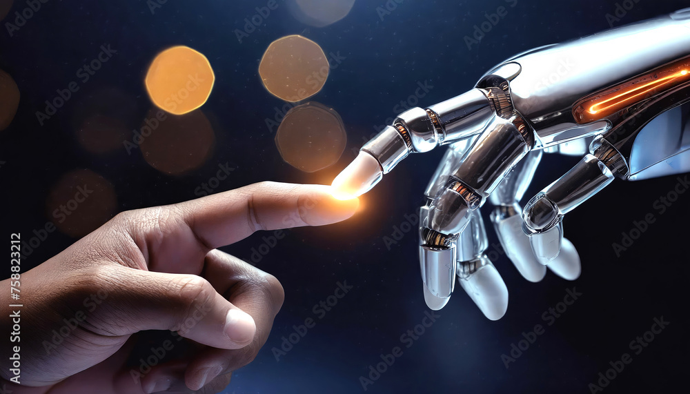 Human finger delicately touches the finger of a robot's metallic finger ...