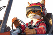 The cat in the helmet sits behind the wheel of a sports car or aircraft.