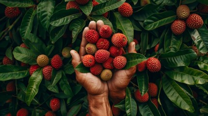 Wall Mural - Fresh lychee selection  hand holding lychee on blurred background with copy space