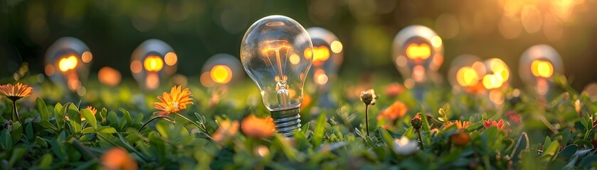 Wall Mural - A bunch of light bulbs are surrounded by green leaves