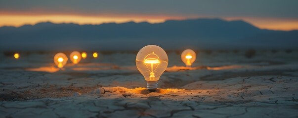 Wall Mural - A group of light bulbs are lit up in a desert. Scene is mysterious and surreal, as the light bulbs seem to be glowing in the middle of a barren landscape. Concept of wonder and curiosity