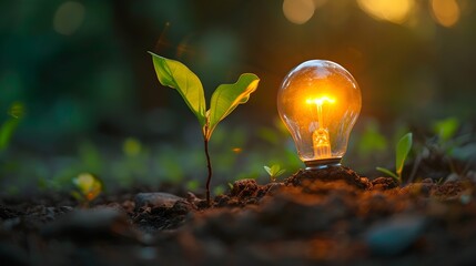 Wall Mural - A light bulb is glowing in the dirt next to a plant