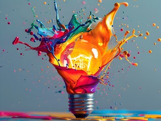 Wall Mural - A colorful light bulb with a splash of paint surrounding it. The light bulb is lit up and the paint is splattered around it