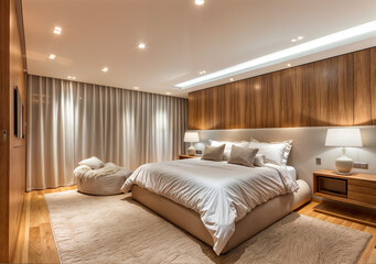 Wall Mural - Enhanced by the soft glow of recessed lighting, the Scandinavian-style modern bedroom exuded a sense of understated luxury and refinement.