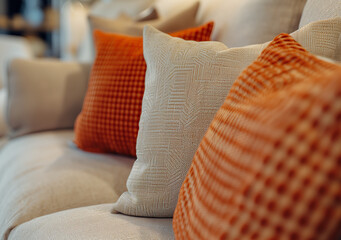 Wall Mural - Close up of beige fabric sofa with terra cotta pillows. Boho style home interior design of modern living room