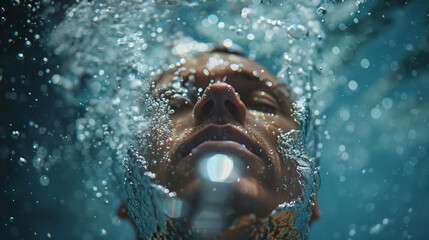 A close-up of a swimmer in mid-stroke, water droplets suspended in the air, against a serene blue background, captured with stunning realism in