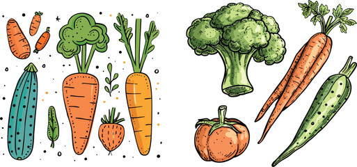 Wall Mural - doodle organic vegetables illustration set. healthy detox broccoli, carrot and cucumber