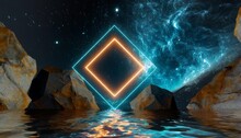 3d Rendering Abstract Background With Landscape And Square Geometric Shape Glowing In The Dark Rocks And Water Under The Starry Night Sky Fantastic Wallpaper