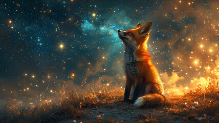 A little fox looking up at a star filled sky