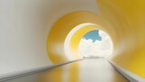 Fototapeta Perspektywa 3d - 3d render, abstract minimal yellow background with white clouds flying out the tunnel created with generative ai.
