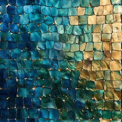 Aufkleber - A close-up view of a stunning wall covered in intricate blue and gold tiles, creating a mesmerizing and magical pattern
