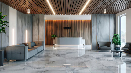 Wall Mural - Luxurious Modern Lobby Design, Elegant Marble Reception Desk in a Spacious Office or Hotel Hall