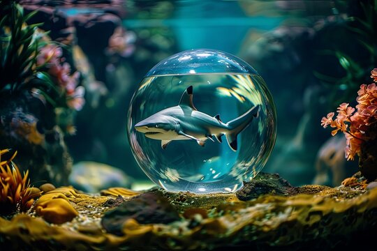 shark trapped inside a small fish bowl