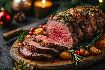 Wall Mural - A succulent massive piece of meat sits proudly atop a rugged wooden cutting board, ready to be transformed into a culinary masterpiece