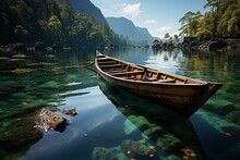 Canoe On Crystal Clear Waters In A Lush Green Landscape. 