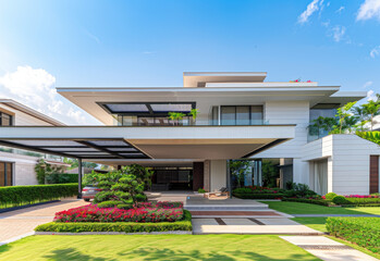 Modern new house exterior with white colored walls and a blue sky background, a contemporary two story home in Thailand. A white house with a green grass lawn