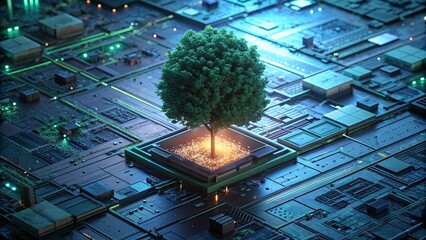 3d rendering of green tree growing on circuit board, innovation and sustainability concept.