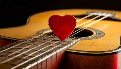 Wall Mural - Extreme close-up of a red guitar pick (heart shaped plectrum) above the strings of the fretboard of an old acoustic guitar. String instrument concept. Generative Ai.