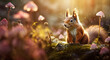 a squirrel is sitting on a mossy rock in a field of flowers and mushrooms with the sun shining on the ground