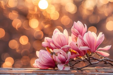 Poster - Pink magnolia flowers bask in the warm glow of a setting sun, casting a soft, enchanting ambiance