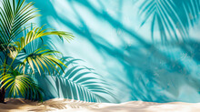 Sunny Tropical Sand Beach With Palm Trees And Blue Wall With Empty Space For Text Or Product Presentation. Hot Summer Sales Concept.