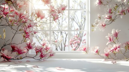 Poster - Blooming magnolia branches gently frame a bright window, inviting the warmth of a new day