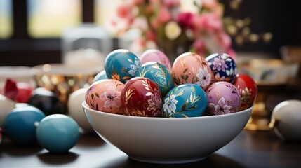 Sticker - A bowl brimming with vibrantly decorated eggs sits atop a table, showcasing a colorful and festive display